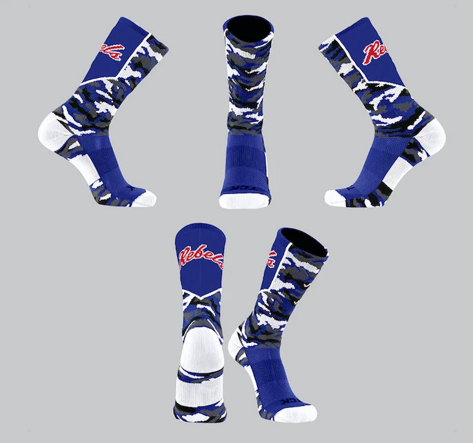 TCK Blue/White/Grey Camo Socks W/ Red Rebels Script 1 TCK Blue/White/Grey Camo Socks W/ Red Rebels Script